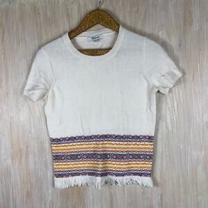 Madewell Pearl Ivory Fringed Jacquard Short Sleeve Knit Fringe Sweater Tee XS